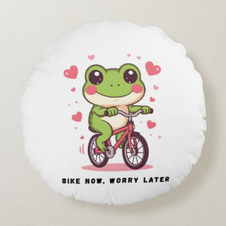 Cute Frog Riding Bicycle | Funny Frog Lover Gift Round Cushion