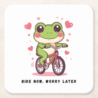 Cute Frog Riding Bicycle | Funny Frog Lover Gift Square Paper Coaster
