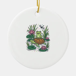 Cute Frog Riding Turtle Pond Vintage Vector Art_1 Ceramic Tree Decoration