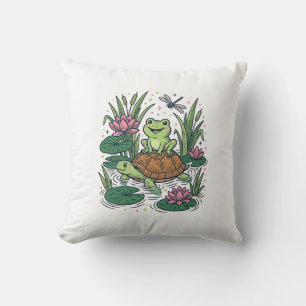 Cute Frog Riding Turtle Pond Vintage Vector Art_1 Cushion