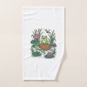 Cute Frog Riding Turtle Pond Vintage Vector Art_1 Hand Towel