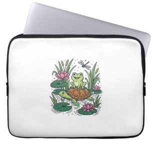Cute Frog Riding Turtle Pond Vintage Vector Art_1 Laptop Sleeve