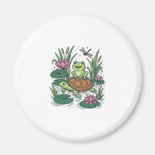 Cute Frog Riding Turtle Pond Vintage Vector Art_1 Magnet