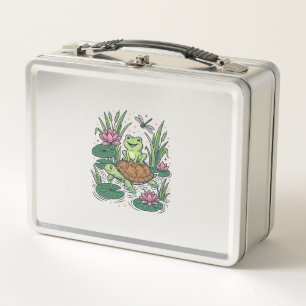 Cute Frog Riding Turtle Pond Vintage Vector Art_1 Metal Lunch Box