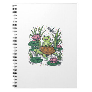 Cute Frog Riding Turtle Pond Vintage Vector Art_1 Notebook