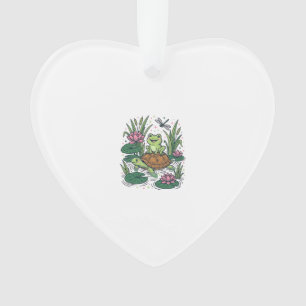 Cute Frog Riding Turtle Pond Vintage Vector Art_1 Ornament