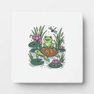 Cute Frog Riding Turtle Pond Vintage Vector Art_1 Plaque