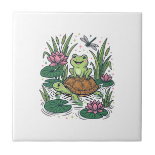 Cute Frog Riding Turtle Pond Vintage Vector Art_1 Tile