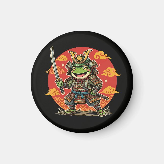 Cute Frog Samurai Cartoon Animal Warrior Design Magnet (Front)