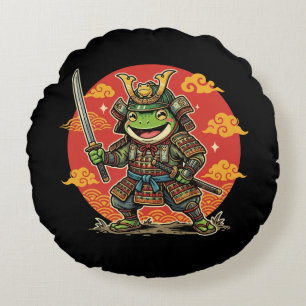 Cute Frog Samurai Cartoon Animal Warrior Design Round Cushion