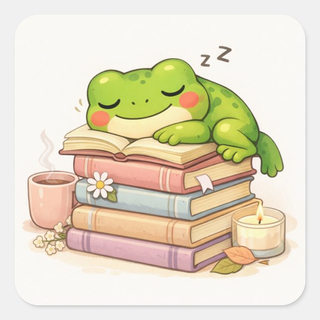Cute Frog Sleeping on Books Square Sticker (Front)