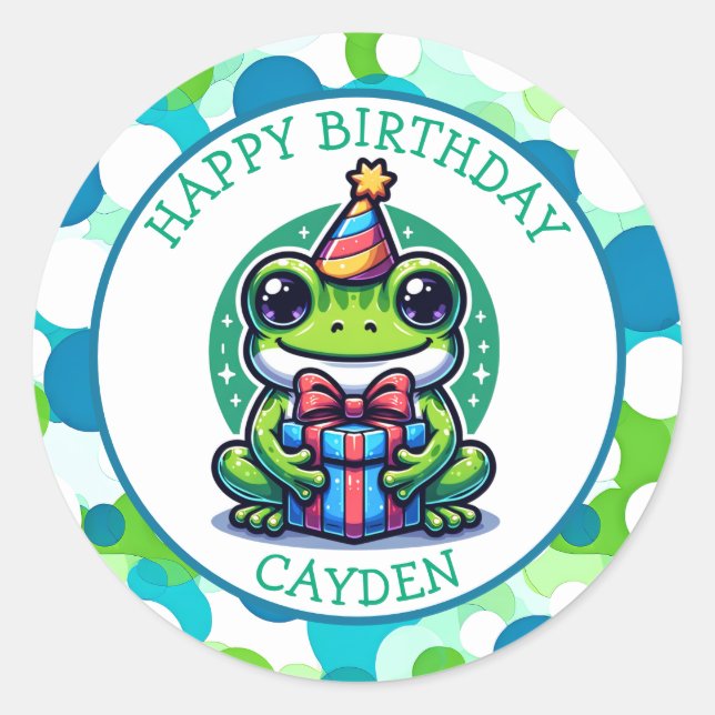 Cute Frog Themed Boy's Birthday Party Classic Round Sticker (Front)