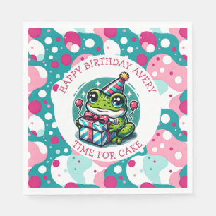 Cute Frog Themed Girl's Personalised Birthday Napkin