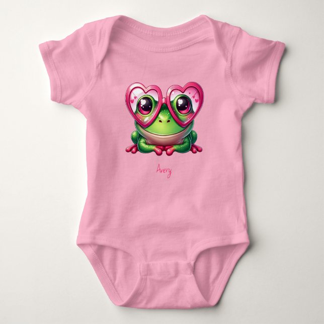 Cute Frog Wearing Oversized Heart Glasses Baby Bodysuit (Front)