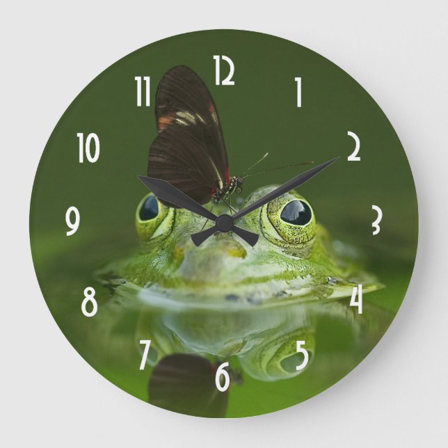 Cute frog with a Butterfly on his nose Large Clock (Front)