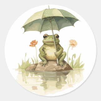 Cute Frog with an Umbrella at the Lake Classic Round Sticker