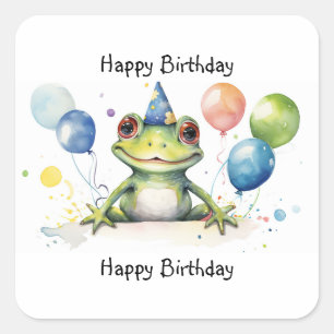 cute frog with balloons Happy Birthday Whimsical Square Sticker