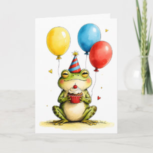 Cute Frog with Cupcake Kid's Happy Birthday Card