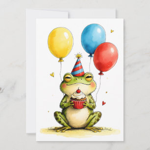 Cute Frog with Cupcake Kid's Happy Birthday Flat Card