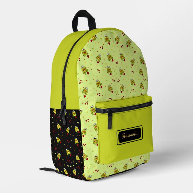 Cute frog with roses pattern printed backpack (Back Corner Left)