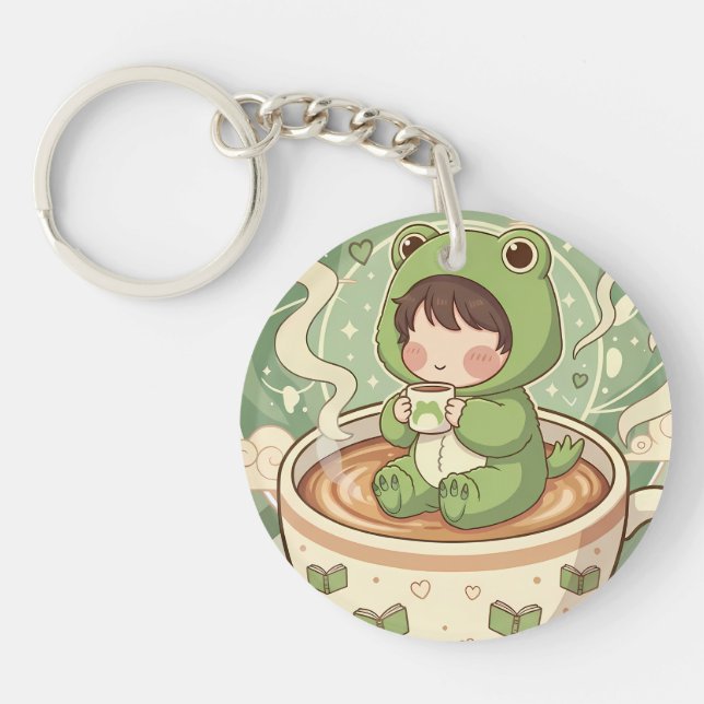 Cute Froggy Coffee Tale Design Key Ring (Front)
