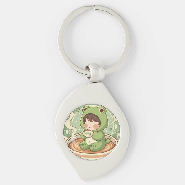 Cute Froggy Coffee Tale Design Key Ring (Front)