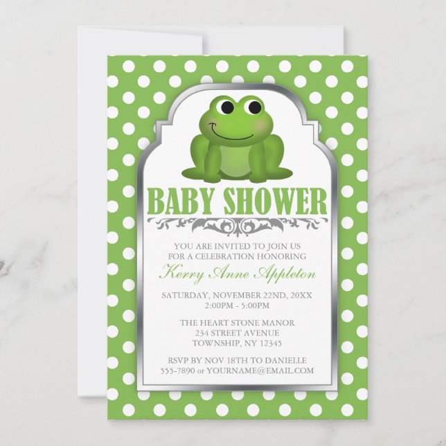 Cute Froggy Green Polka Dot Baby Shower Invitation (Front)