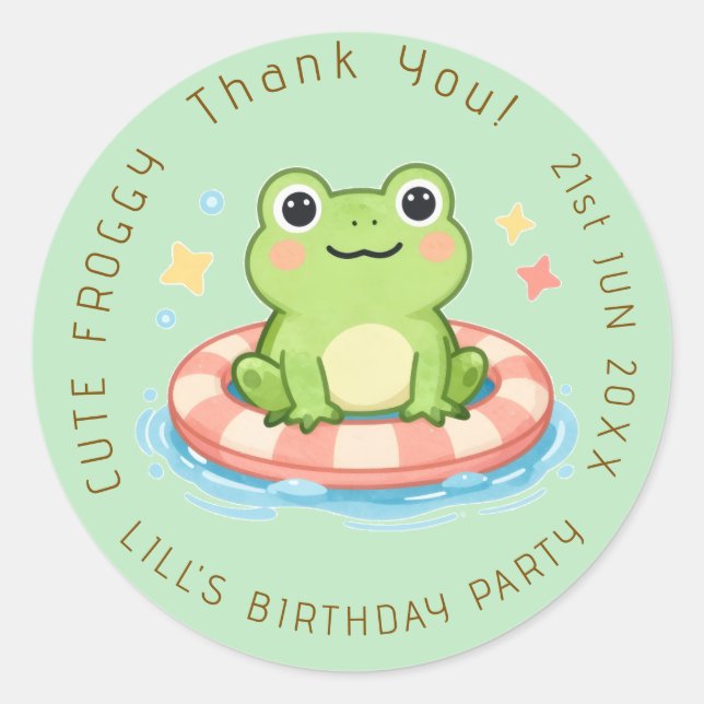 Cute Froggy Pool Party Birthday Favour Sticker (Front)
