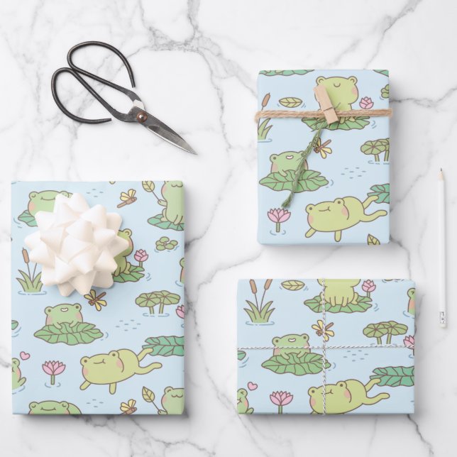 Cute Frogs and Dragonflies Pond Pattern Wrapping Paper Sheet (Front)