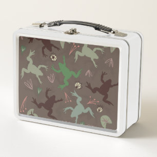 Cute Frogs and Floral Green Brown Pattern Metal Lunch Box