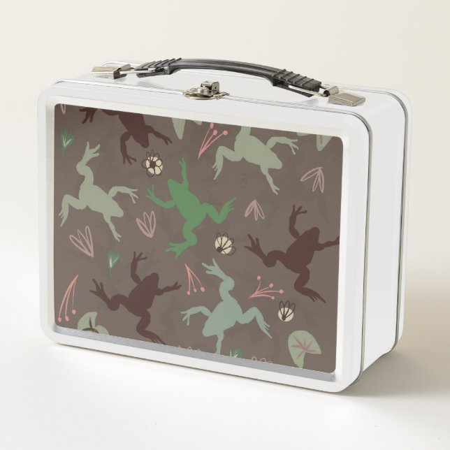 Cute Frogs and Floral Green Brown Pattern Metal Lunch Box (Front)