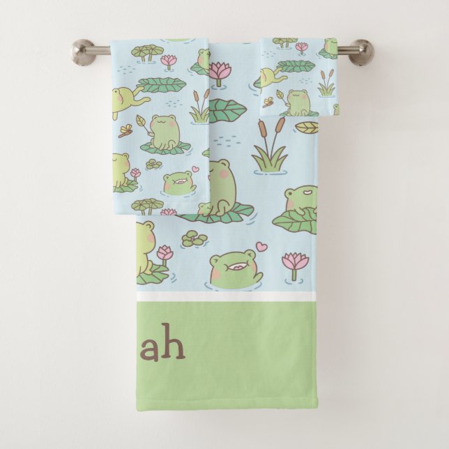 Cute Frogs Dragonflies Pattern Kids Personalised Bath Towel Set (Insitu)