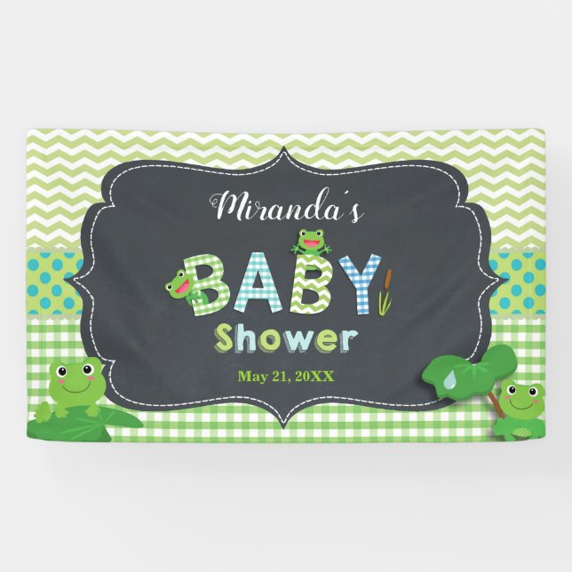 Cute Frogs Green Boy Baby Shower Welcome Backdrop Banner (Horizontal)