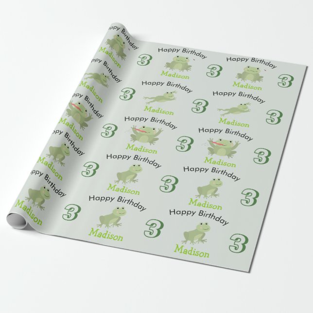 Cute Frogs in Lily Pond Birthday Kids Name Age Wrapping Paper (Unrolled)