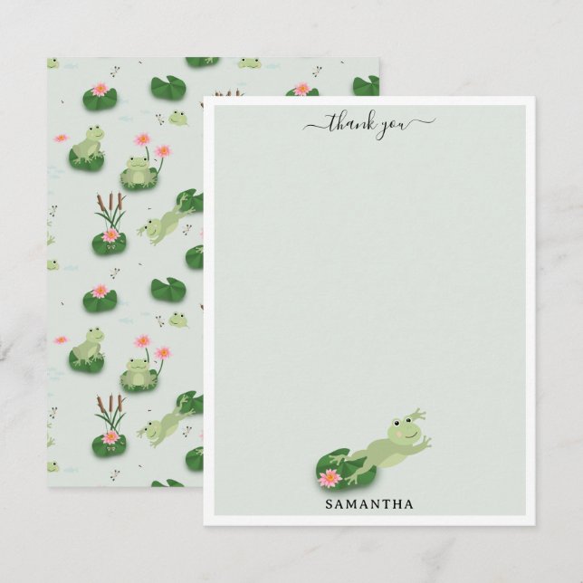 Cute Frogs in Lily Pond Custom Name Thank You Card (Front/Back)