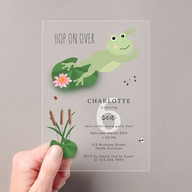 Cute Frogs in Lily Pond Hop On Over Kids Birthday Acrylic Invitations (Insitu (Handheld))