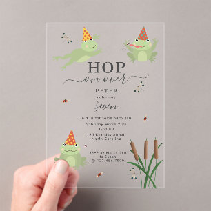 Cute Frogs in Lily Pond Hop On Over Kids Birthday Acrylic Invitations