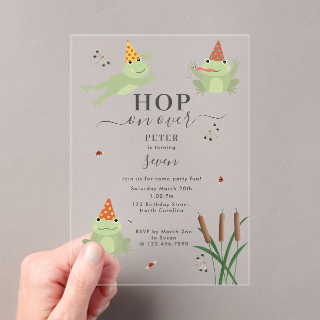 Cute Frogs in Lily Pond Hop On Over Kids Birthday Acrylic Invitations (Insitu (Handheld))
