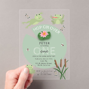Cute Frogs in Lily Pond Hop On Over Kids Birthday Acrylic Invitations