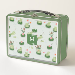 Cute Frogs in Lily Pond Monogrammed Initial Metal Lunch Box