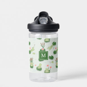 Cute Frogs in Lily Pond Monogrammed Initial Water Bottle