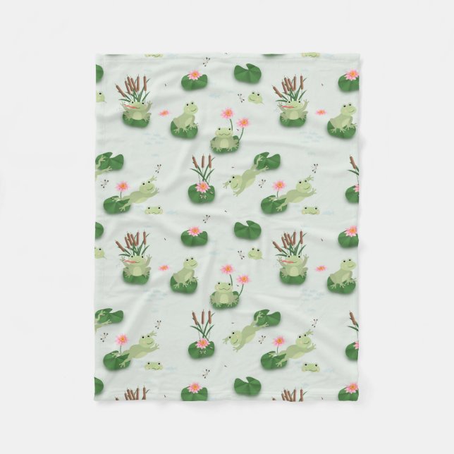 Cute Frogs in Lily Pond Nursery Gender Neutral Fleece Blanket (Front)