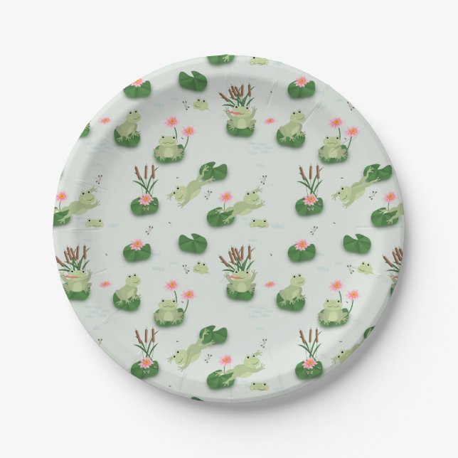Cute Frogs in Lily Pond Paper Plate (Front)