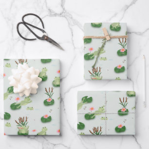 Cute Frogs in Lily Pond Wrapping Paper Sheet
