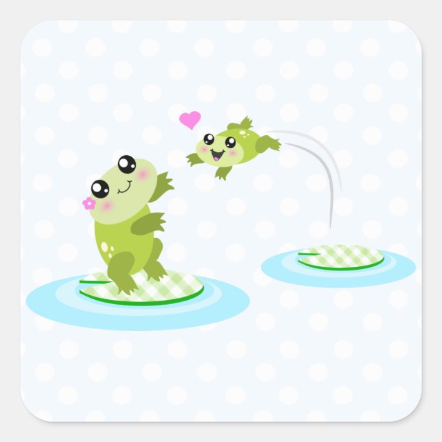 Cute frogs - kawaii mum and baby frog cartoon square sticker (Front)