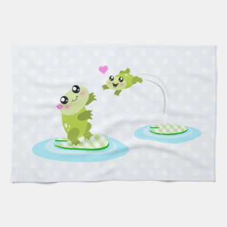 Cute frogs - kawaii mum and baby frog cartoon tea towel