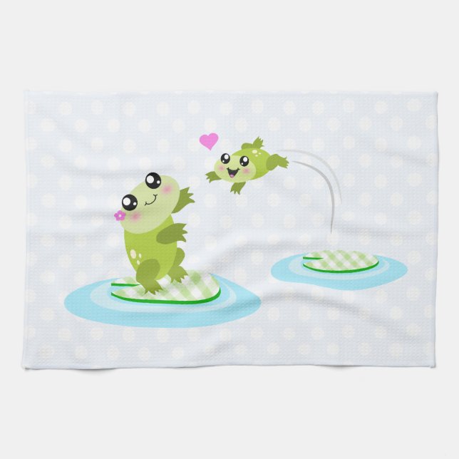 Cute frogs - kawaii mum and baby frog cartoon tea towel (Horizontal)