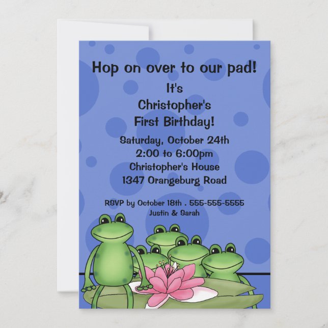 Cute Frogs on Lily Pad 1st Birthday Invitation (Front)