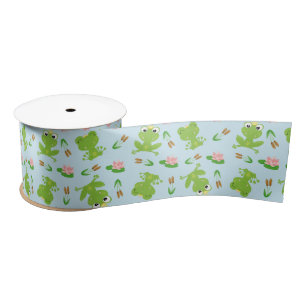 Cute Frogs Pattern on Bright Blue Satin Ribbon