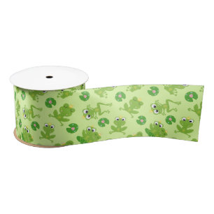 Cute Frogs Pattern on Bright Green Satin Ribbon